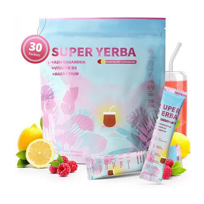 Super Yerba Aswagandha Magnesium Vitamin D Drink Energy Boost - Clean Energy, Brain Fog Buster and Gut Health Supplement